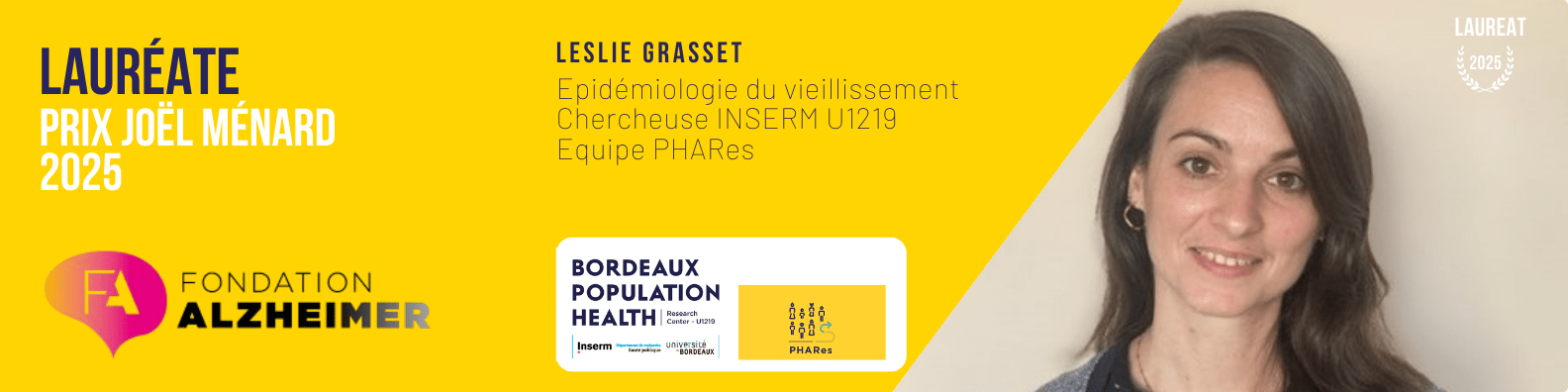 Bandeau décoratif jaune et montrant le portrait de Leslie Grasset. Texte :